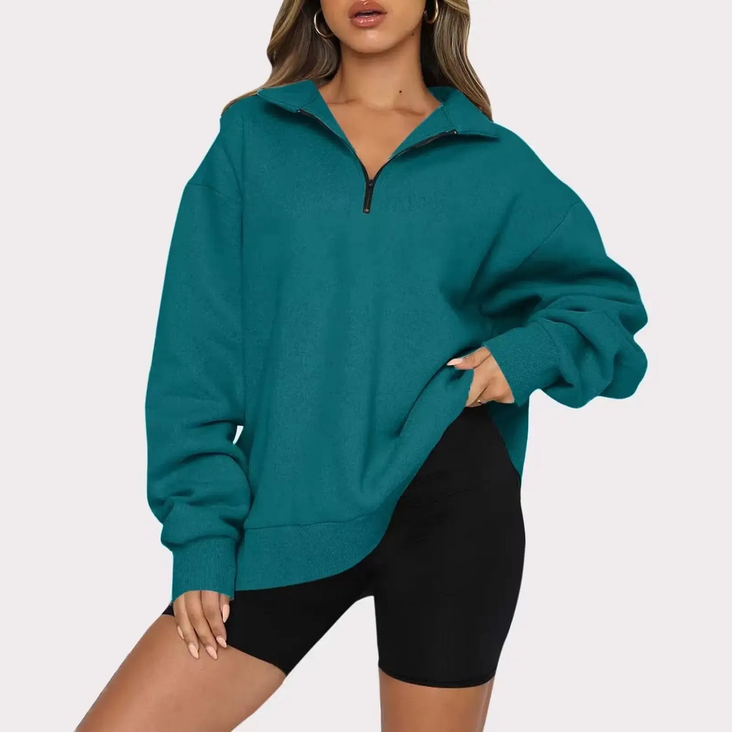 Women Sweatshirts Zip Turndown Collar Loose Casual Tops - Plush Fashion Hub