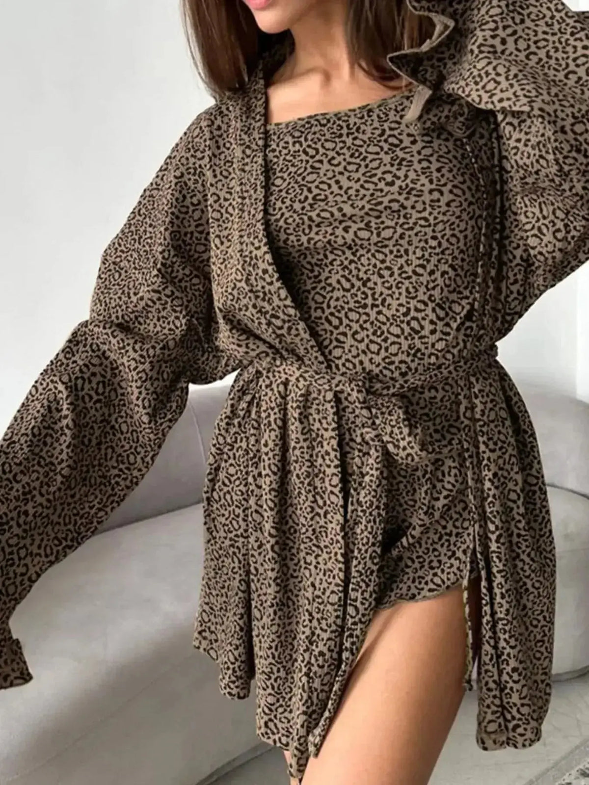 Women's leopard print pajama set with cami, shorts, and cardigan by Plush Fashion Hub, perfect for comfortable lounge wear.