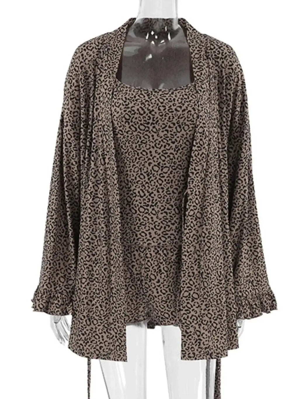 Women's leopard print pajama lounge set with cami, shorts, and cardigan by Trendsi, featuring cozy, stylish sleepwear ensemble.