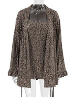 Women's leopard print pajama lounge set with cami, shorts, and cardigan by Trendsi, featuring cozy, stylish sleepwear ensemble.