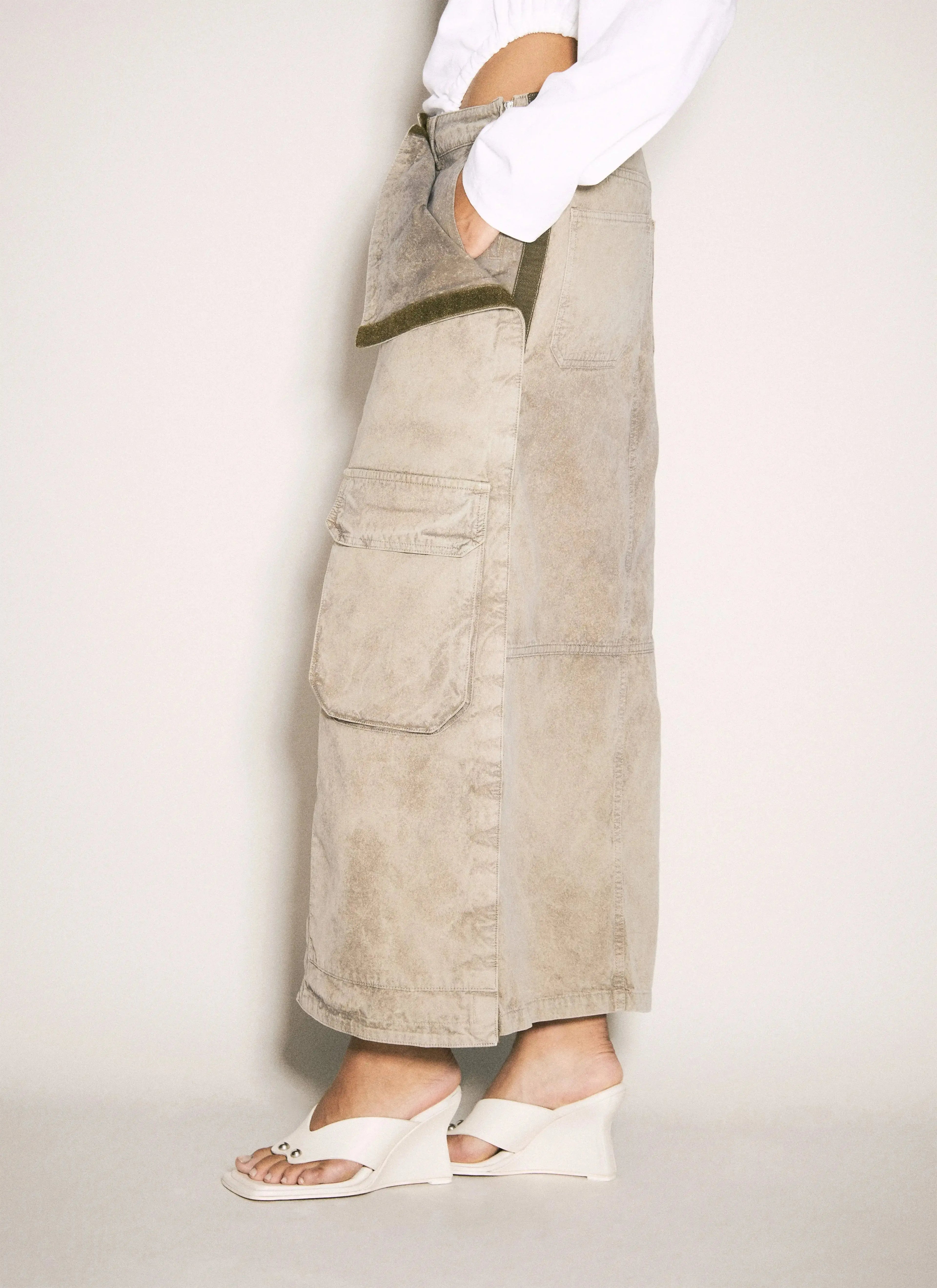 Women’s Y/Project cargo maxi skirt in premium cotton with adjustable waist, streetwear style, from Plush Fashion Hub.