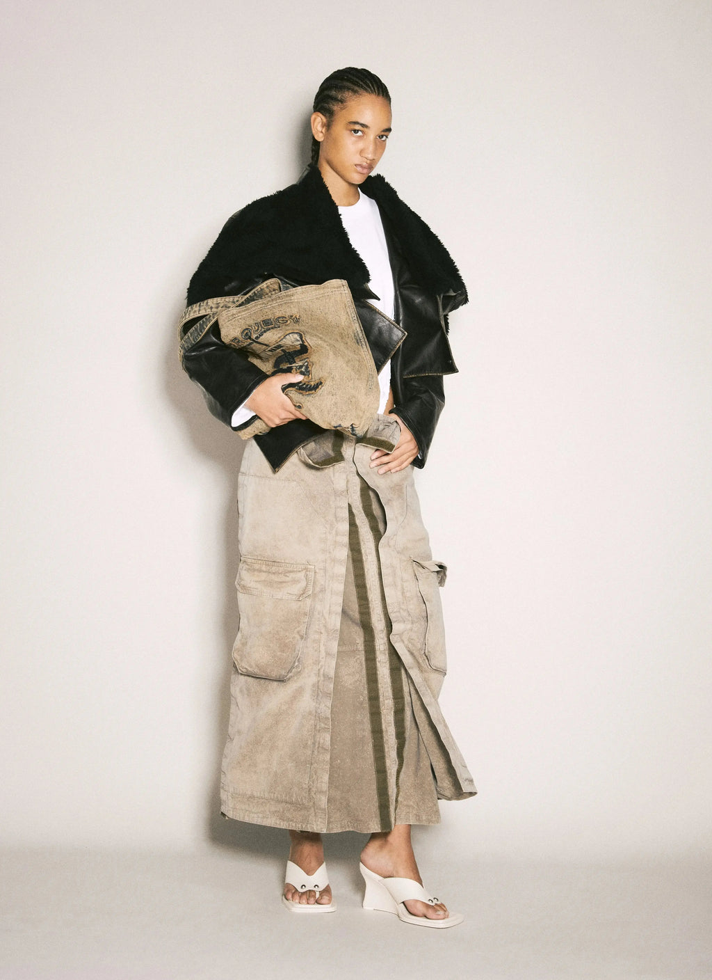 Women’s Y/Project cargo maxi skirt made of premium cotton with adjustable waist and utility streetwear style.