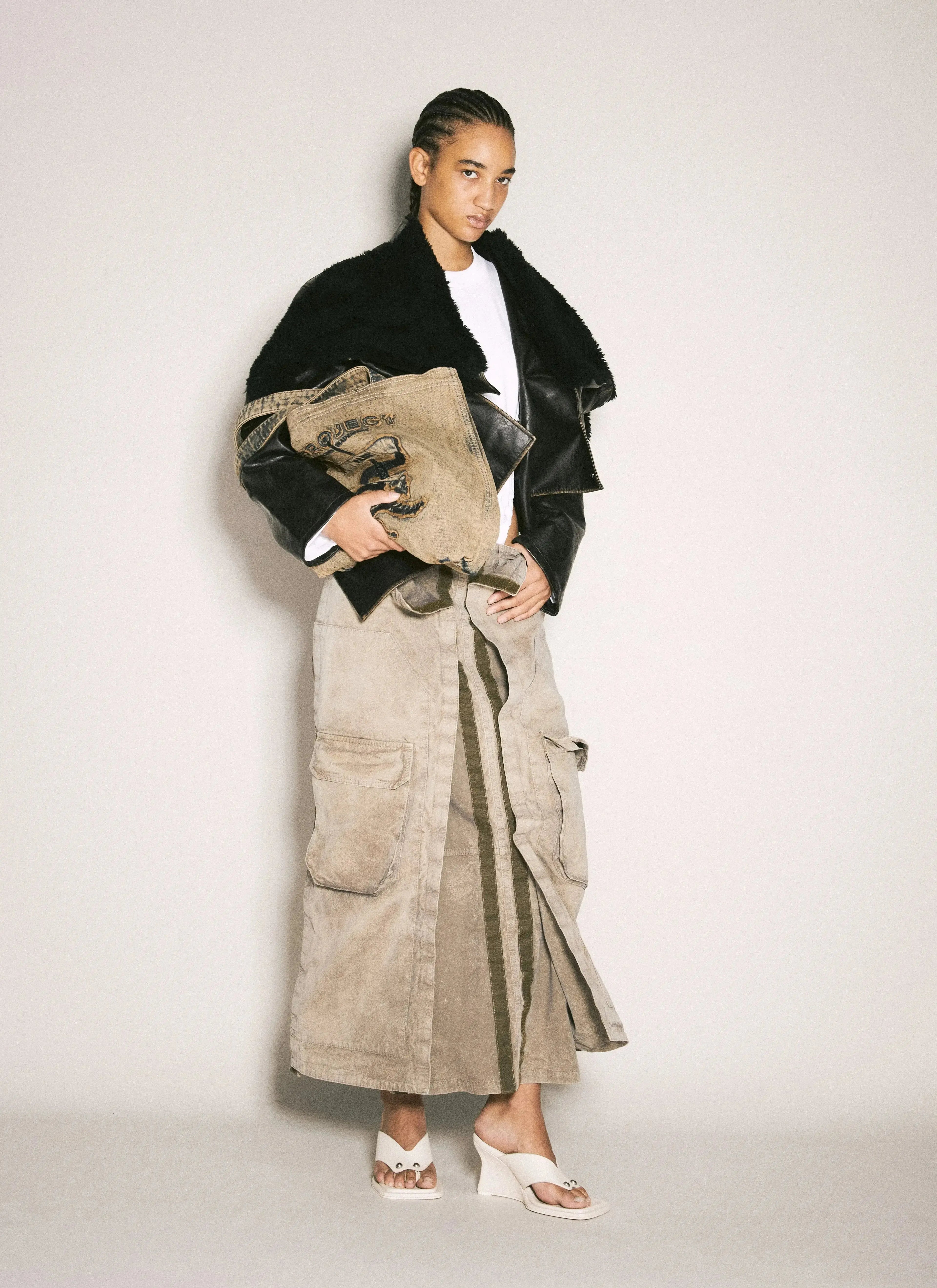 Women’s Y/Project cargo maxi skirt made of premium cotton with adjustable waist and utility streetwear style.