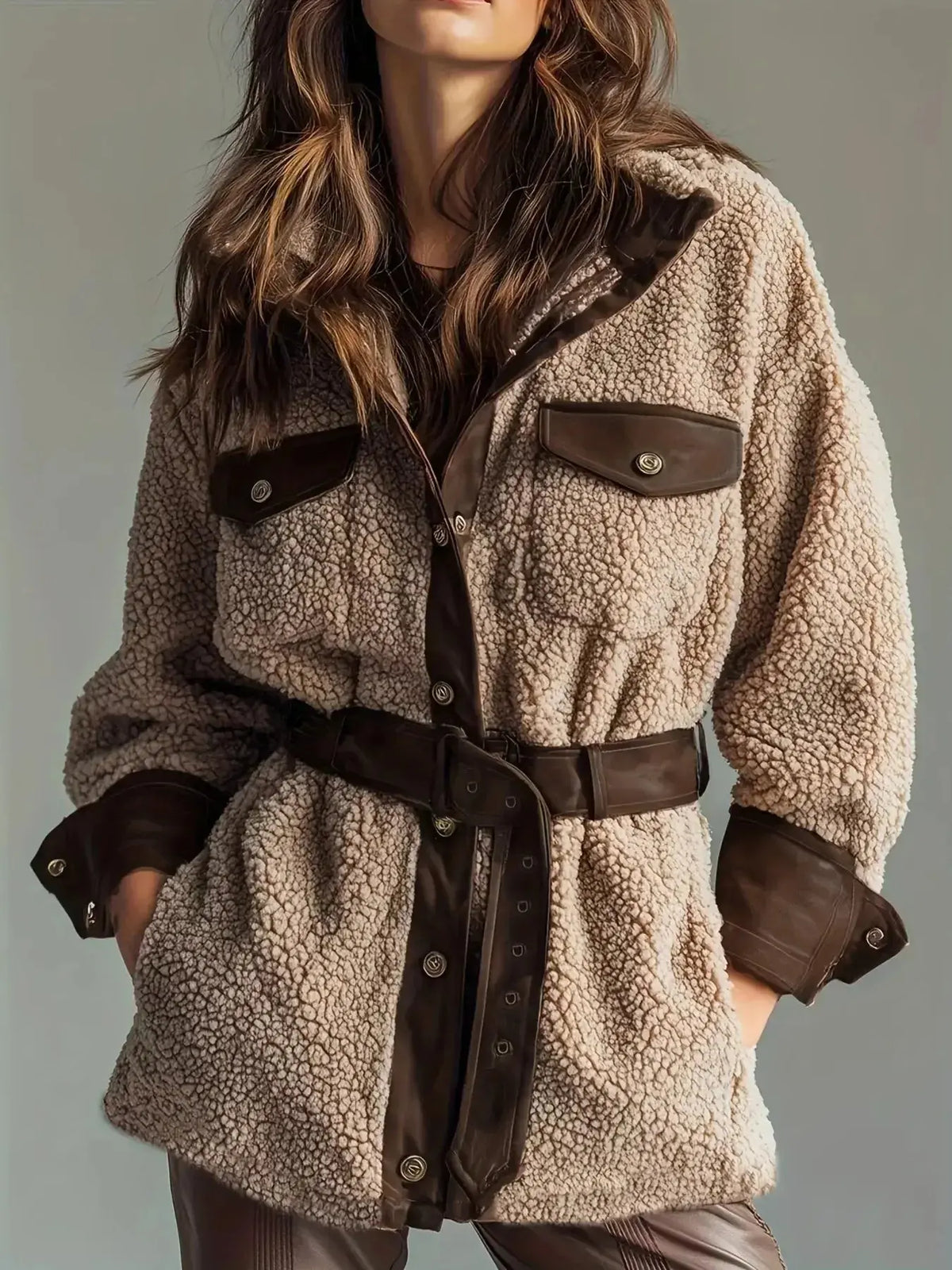 Women’s belted sherpa jacket with leather trim from Plush Fashion Hub, featuring cozy fleece material and stylish detailing.