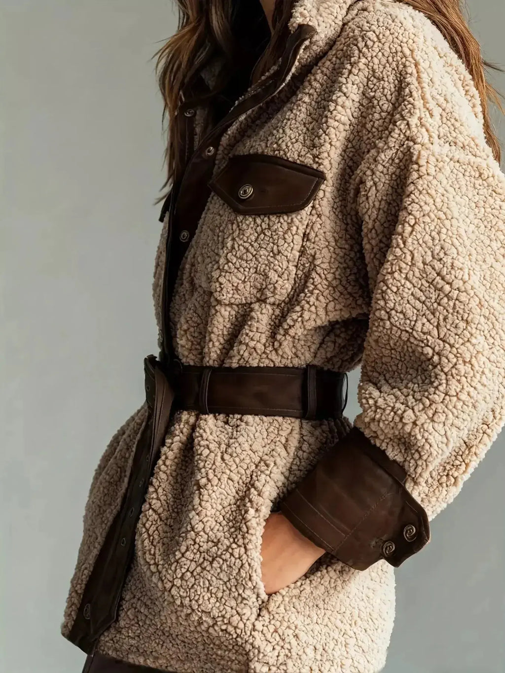 Women’s belted Sherpa jacket with leather trim from Trendsi, featuring a plush exterior and stylish belt detail.