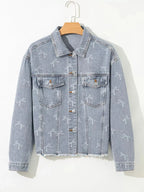 Women's light wash denim jacket with bow knot print, raw hem, and trendy style from Trendsi.