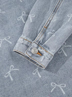 Light wash raw hem denim jacket with bow knot print for women, stylish trendy denim jacket from Trendsi.
