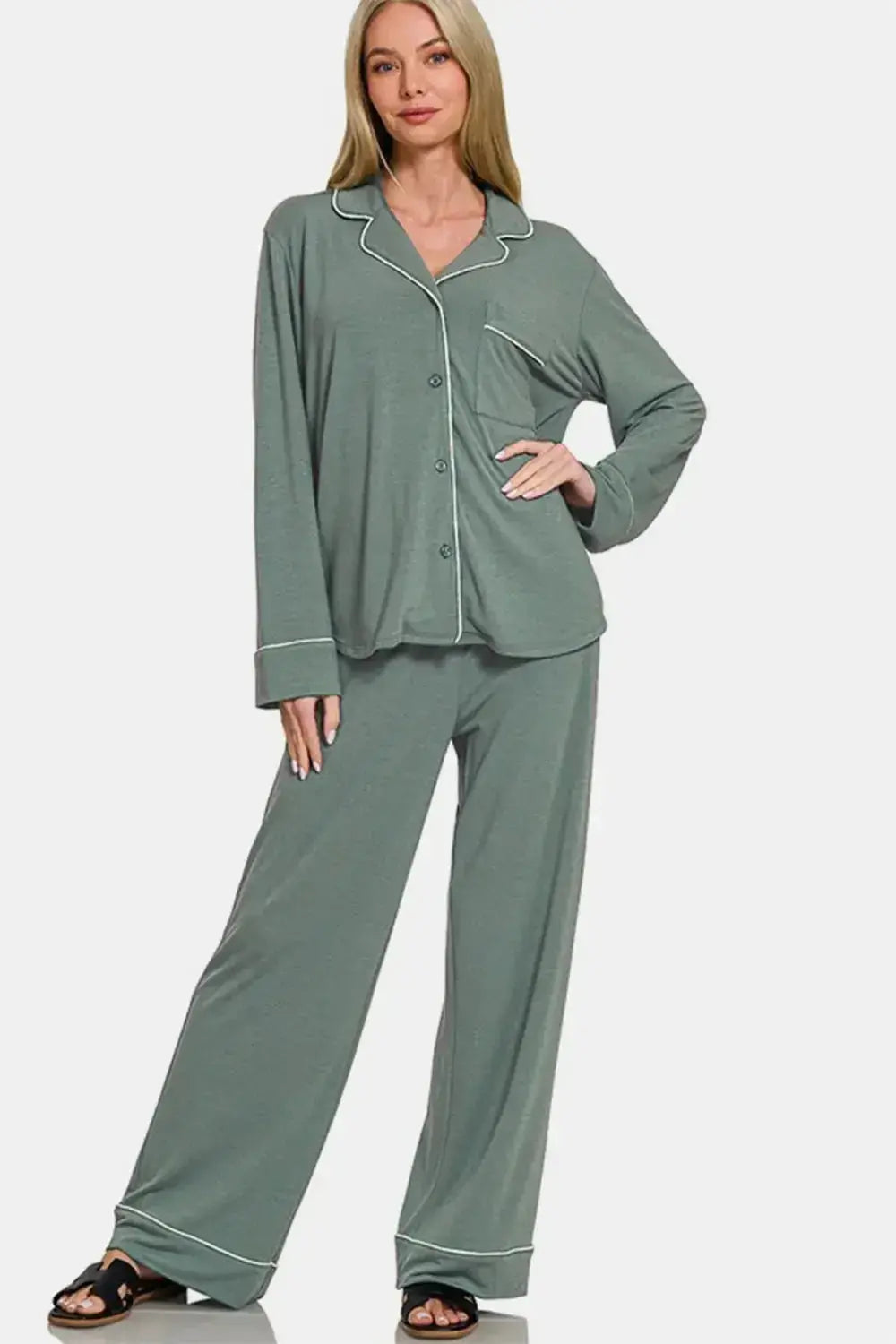 Women’s button-down long sleeve lounge set by Trendsi, relaxed two-piece pajama outfit with soft fabric and comfortable fit.