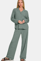 Women’s button-down long sleeve lounge set by Trendsi, relaxed two-piece pajama outfit with soft fabric and comfortable fit.