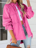 Women's raw hem denim jacket by Trendsi, casual button-down style in cotton blend with front pockets and distressed details.