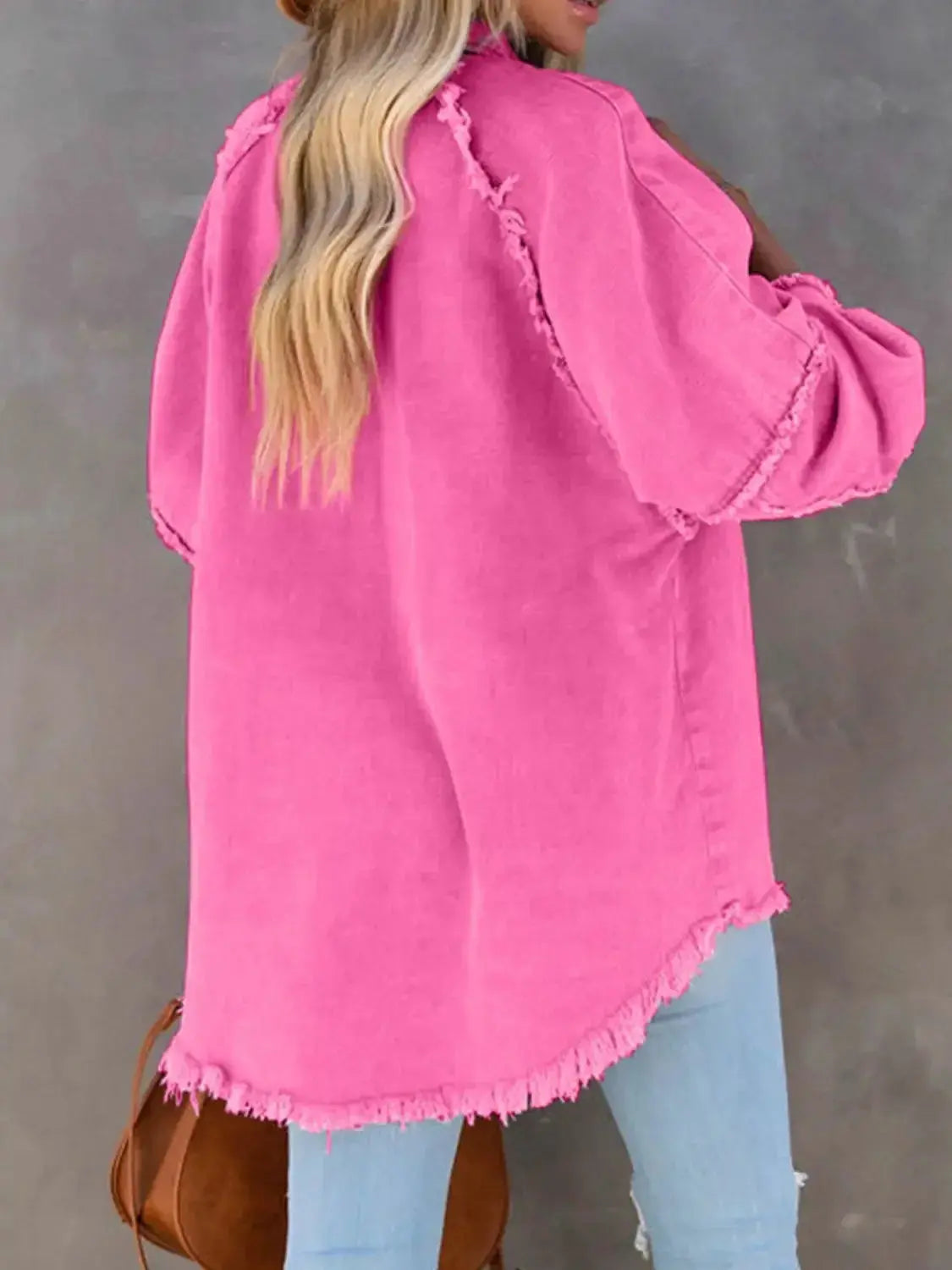Women’s raw hem denim jacket by Trendsi, casual cotton blend outerwear with button-down front and classic denim style.