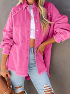 Women’s button-down raw hem denim jacket by Trendsi, casual cotton blend outerwear with classic denim style and detailing.