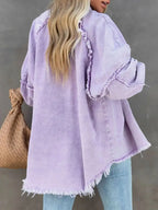 Women’s button-down raw hem denim jacket from Trendsi, casual cotton blend outerwear with classic denim styling.