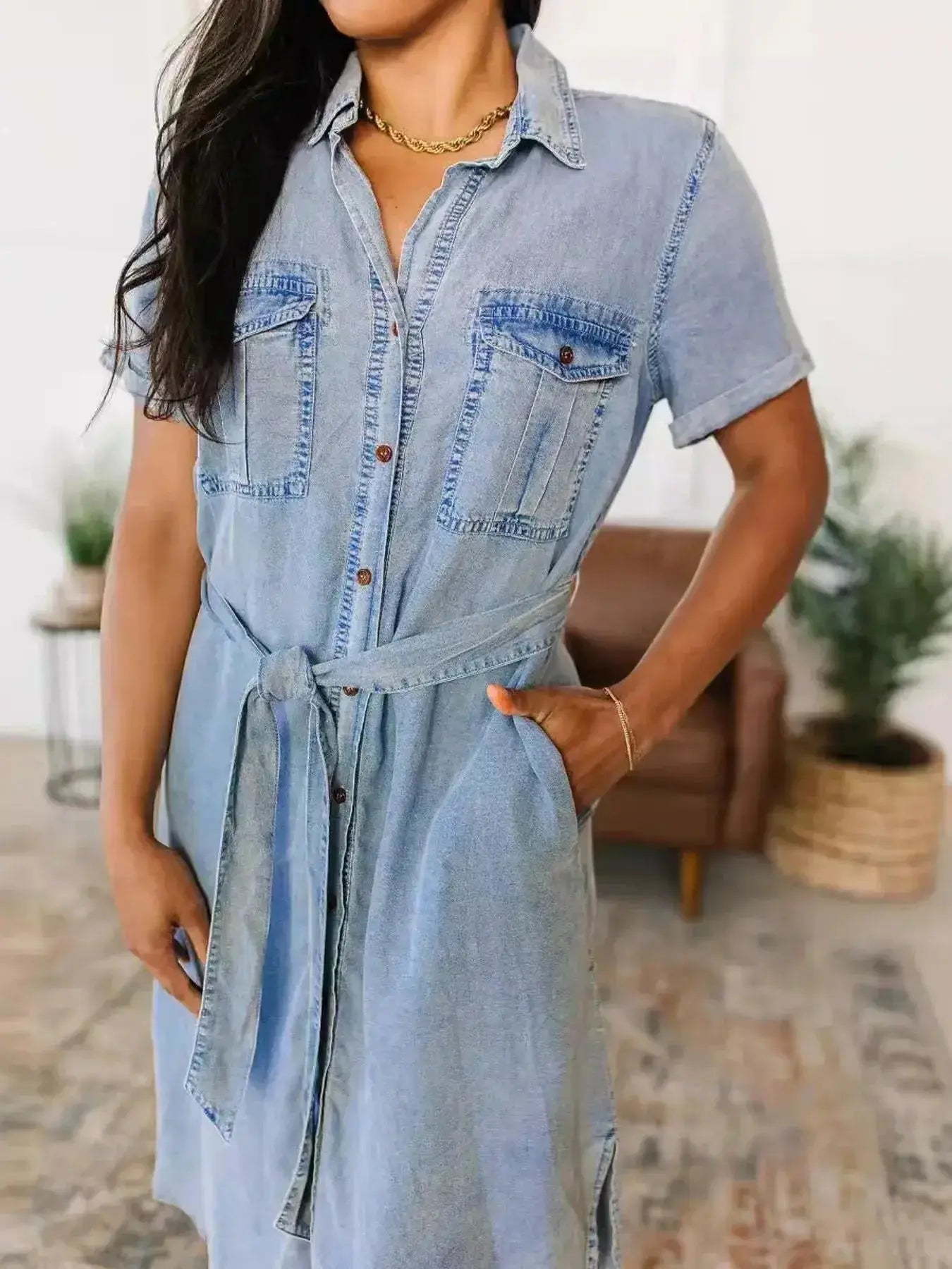 Women’s button-front belted denim dress with short sleeves, made of cotton blend, by Trendsi.