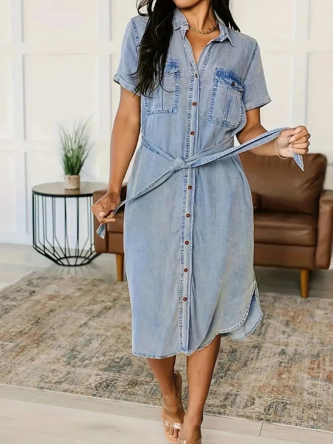 Women's button-front belted denim dress with short sleeves and cotton blend fabric, from Trendsi.