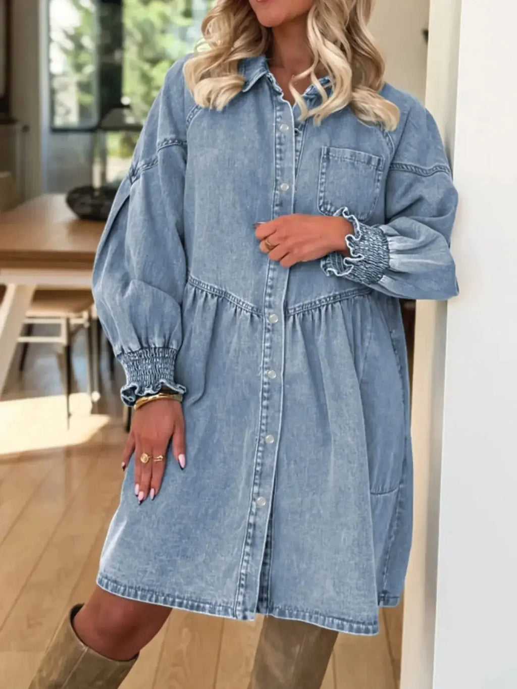 Women’s casual denim shirt dress with button-up front and smocked cuffs, stylish Trendsi denim dress for a relaxed look.