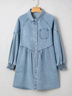 Women’s casual denim shirt dress with button-up front and smocked cuffs, stylish Trendsi denim dress for everyday wear.