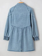 Women’s casual denim shirt dress with button-up front and smocked cuffs, trendy Trendsi denim dress for everyday wear.