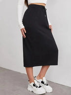 Women's casual drawstring midi skirt with side slit and pockets, featuring a relaxed fit and comfortable style from Trendsi.