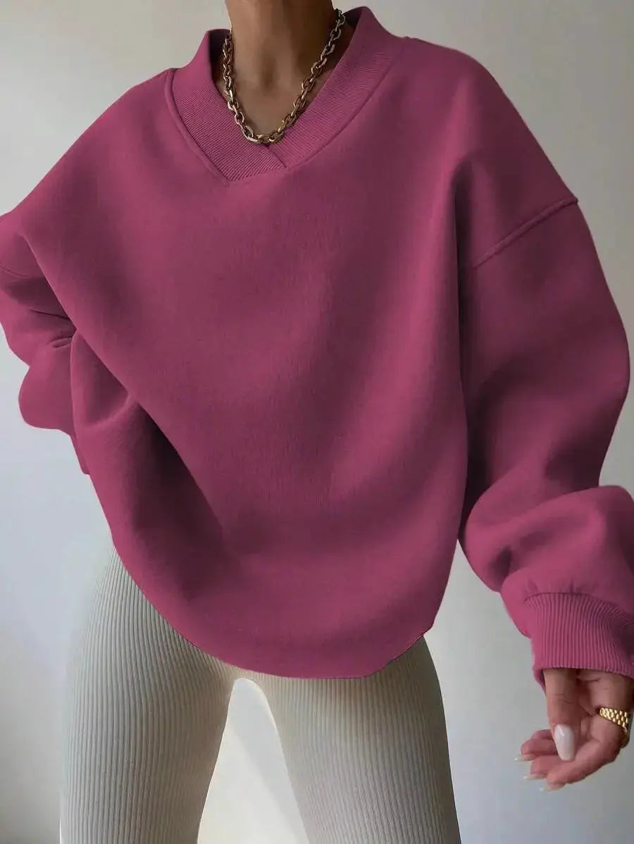 Women’s plush pink long sleeve crew neck sweater by Plush Fashion Hub, casual knit top with a soft, cozy fit.