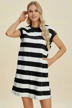 Women’s casual striped mini dress with round neck and cap sleeves, by Trendsi, featuring a comfortable and stylish design.