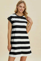 Women’s casual striped mini dress with round neck and cap sleeves, stylish and comfortable from Trendsi.