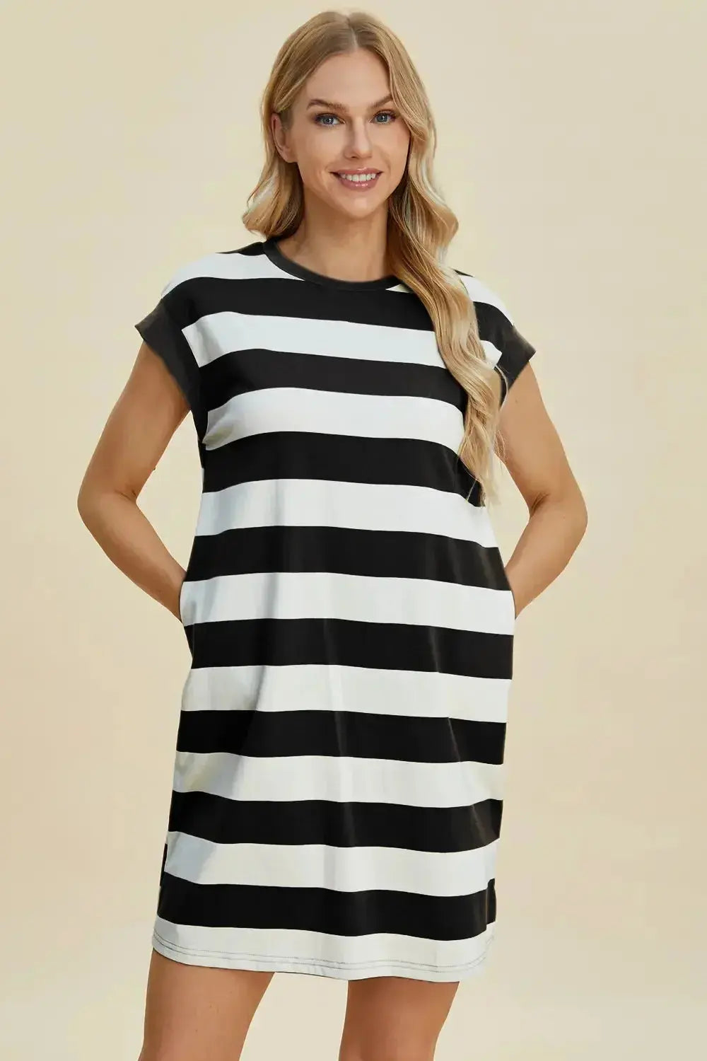 Women's casual striped mini dress with round neck and cap sleeves, stylish and comfortable from Trendsi.