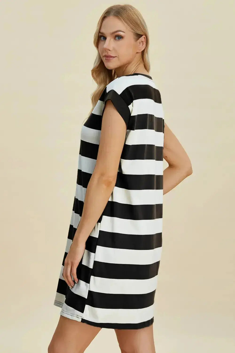 Women's casual striped mini dress with round neck and cap sleeves by Trendsi, featuring a stylish, comfortable design.