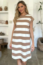 Women's casual striped mini dress with round neck and cap sleeves, stylish and comfortable, by Trendsi.