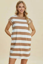 Women's casual striped mini dress with round neck and cap sleeves by Trendsi, featuring a comfortable and stylish design.