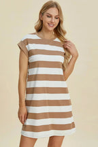 Women’s casual striped mini dress with round neck and cap sleeves by Trendsi, featuring a stylish, comfortable design.