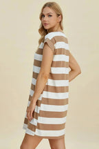 Women's casual striped mini dress with round neck and cap sleeves, by Trendsi, perfect for everyday wear.
