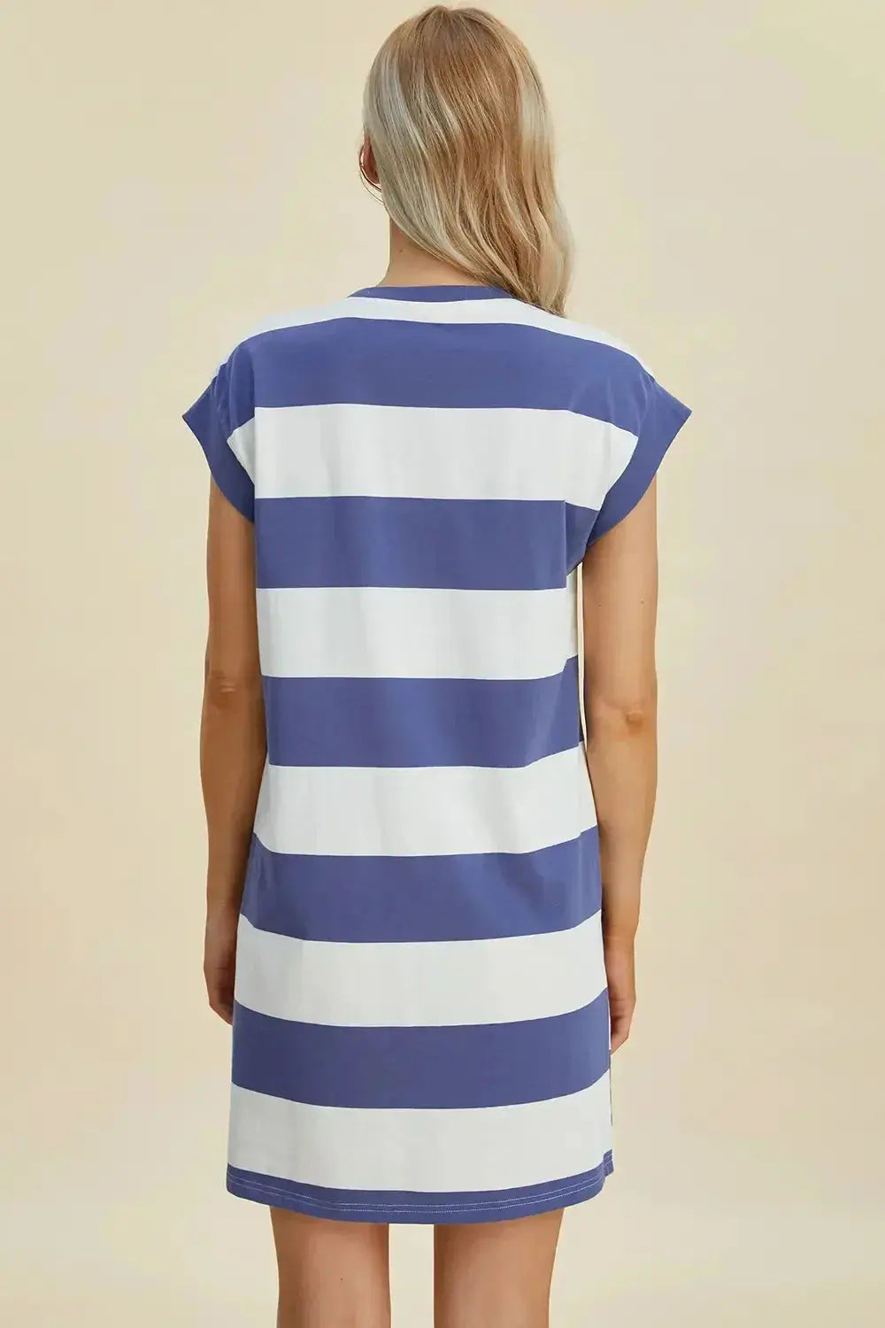 Women's casual striped mini dress with round neck and cap sleeves, trendy fashion by Trendsi, perfect for everyday wear