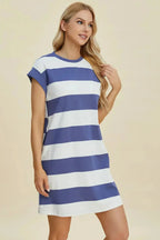 Women’s casual striped mini dress with round neck and cap sleeves, stylish and comfortable for everyday wear.