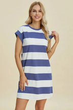 Women’s casual striped mini dress with round neck and cap sleeves, from Trendsi, featuring a comfortable, stylish design.