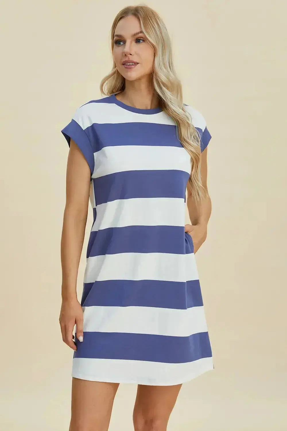 Women's casual striped mini dress with round neck and cap sleeves, stylish and comfortable from Trendsi.