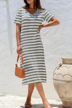 Women’s casual striped V-neck midi T-shirt dress by Plush Fashion Hub, featuring a comfortable fit and stylish design.