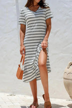 Women’s casual striped V-neck midi T-shirt dress by Plush Fashion Hub featuring a relaxed fit and stylish design.