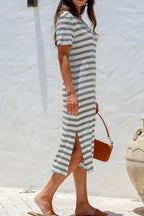 Women's casual striped V-neck midi T-shirt dress by Plush Fashion Hub, featuring a relaxed fit and stylish design.