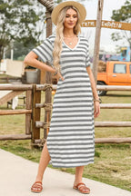 Women’s casual striped V-neck midi T-shirt dress by Plush Fashion Hub, featuring a relaxed fit and stylish design.