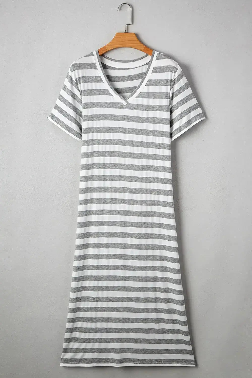 Women’s casual striped V-neck midi T-shirt dress by Plush Fashion Hub, featuring a relaxed fit and stylish design.
