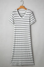 Women’s casual striped V-neck midi T-shirt dress by Plush Fashion Hub, featuring a relaxed fit and stylish design.