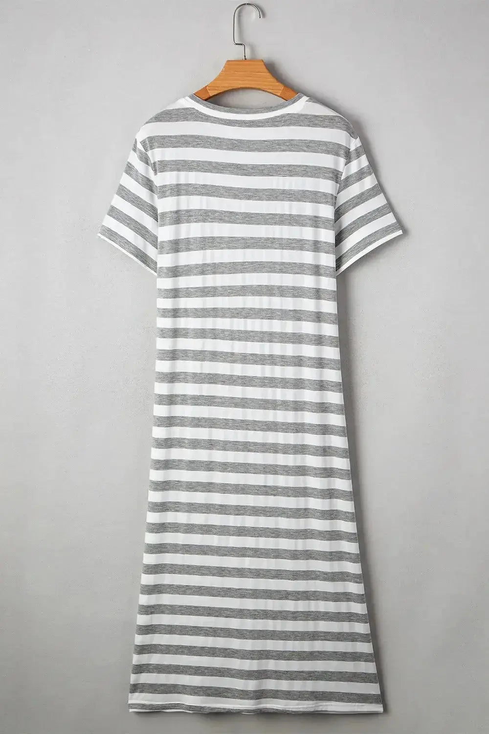 Women's casual striped V-neck midi T-shirt dress by Plush Fashion Hub, featuring a relaxed fit and comfortable fabric.