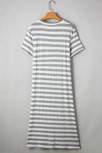 Women's casual striped V-neck midi T-shirt dress by Plush Fashion Hub, featuring a relaxed fit and comfortable fabric.