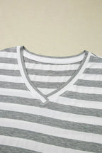 Women’s casual striped V-neck midi T-shirt dress by Plush Fashion Hub, featuring a relaxed fit and stylish design.