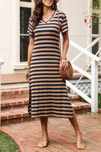 Women’s casual striped V-neck midi T-shirt dress by Plush Fashion Hub, featuring a relaxed fit and classic stripe pattern.
