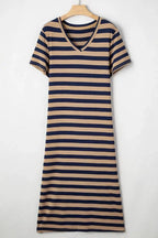 Women’s casual striped V-neck midi T-shirt dress by Plush Fashion Hub, featuring a relaxed fit and classic stripe pattern.