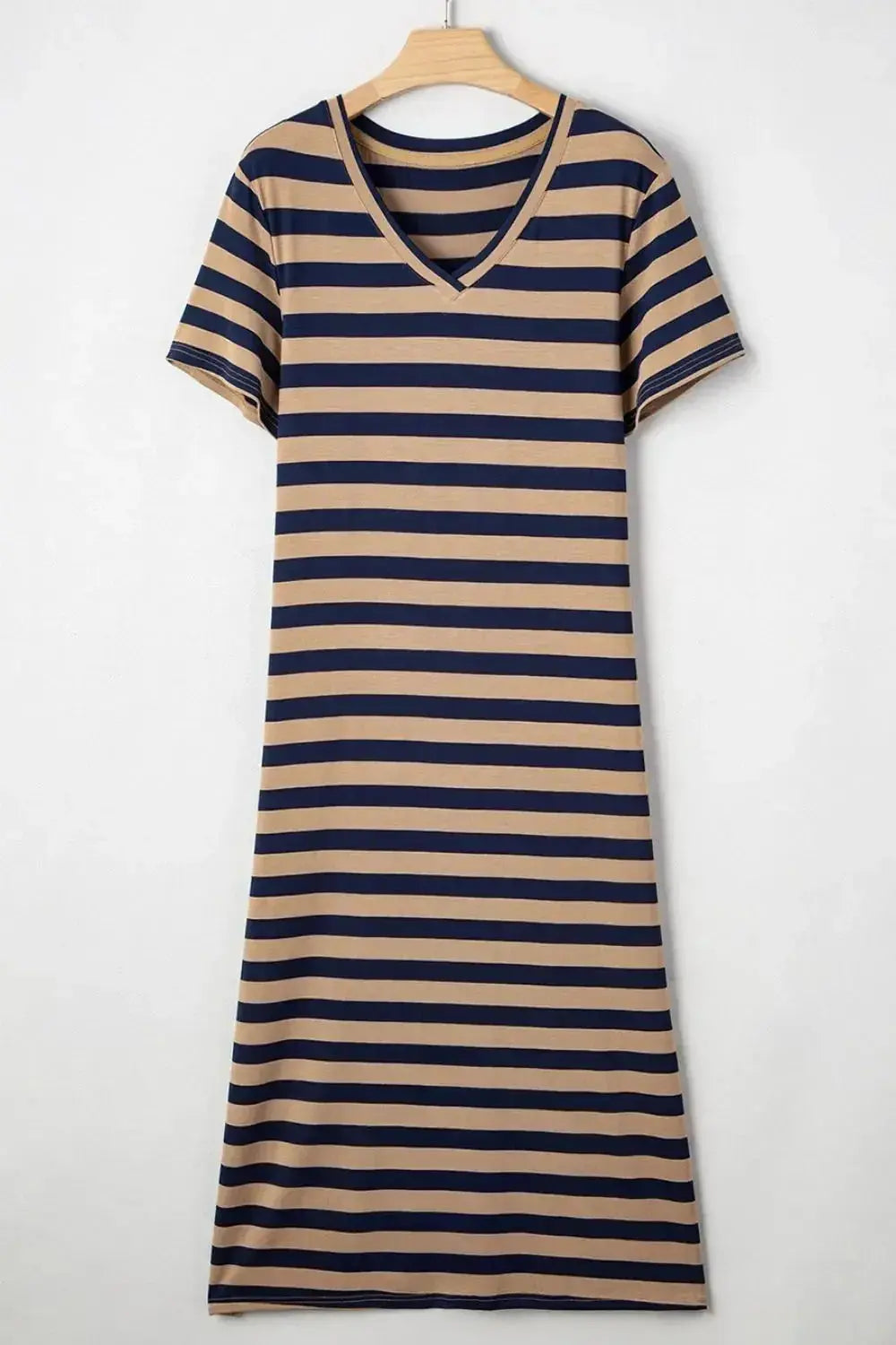 Women’s casual striped V-neck midi T-shirt dress by Plush Fashion Hub, featuring a relaxed fit and classic stripe pattern.