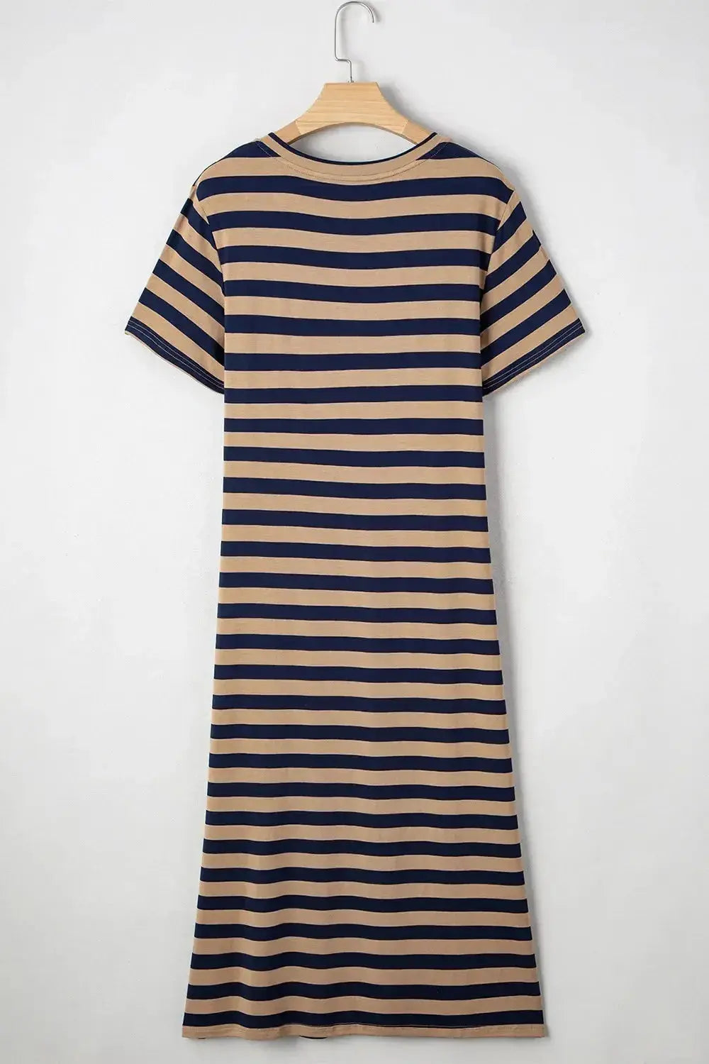 Women’s casual striped V-neck midi T-shirt dress by Plush Fashion Hub, featuring a relaxed fit and classic stripe pattern.