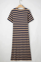 Women’s casual striped V-neck midi T-shirt dress by Plush Fashion Hub, featuring a relaxed fit and classic stripe pattern.
